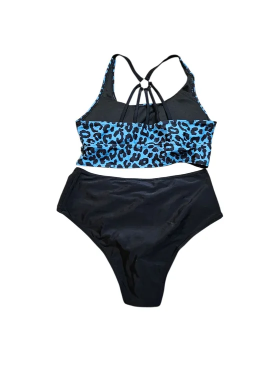 SHEIN Medium Blue Black Leopard Top and Black Bottoms Bikini Swimsuit - Picture 3 of 7